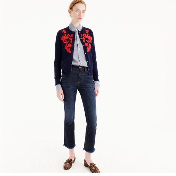 J CREW Wool Embroidered Button Jackie Cardigan Navy Red Sz S Long Sleeve - Picture 2 of 11